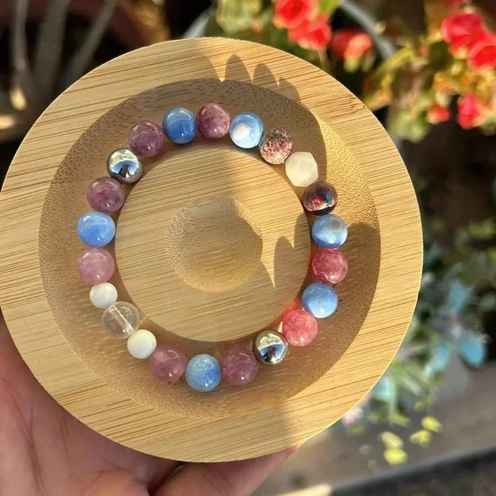 Handmade Lepidolite + Blue Lace Agate + Sea Sediment Jasper Howlite bracelet